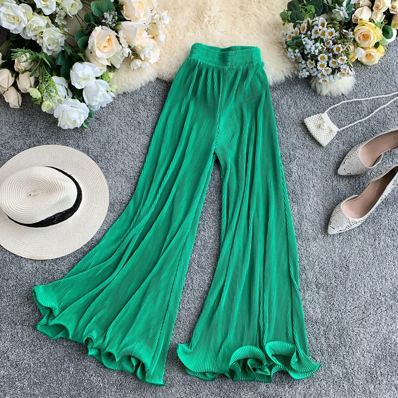 New Summer Fashion Pleated Wide Legs Pants Women Streetwear ruffles Flare Pants Slim High Waist Pants reflective trousers Mw757 
New Summer Fashion Pleated Wide Legs Pants Women Streetwear ruffles Flare Pants Slim High Waist Pants reflective trousers Mw757