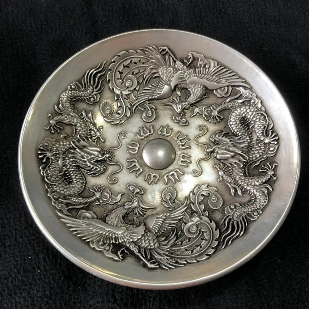 

Chinese Rare Collectibles Old Handwork Tibet - Silver Dragon and Phoenix statue bowl home decor metal handicraft