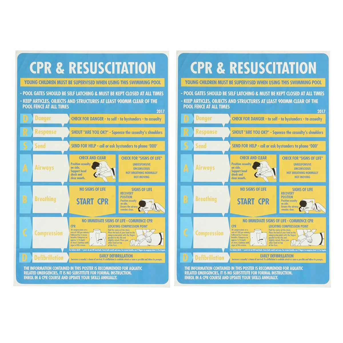 2PCS 600x400mm Plastic CPR & Resuscitation Chart DRSABC Pool Spa Safety Sign Wall Sticker
2PCS 600x400mm Plastic CPR & Resuscitation Chart DRSABC Pool Spa Safety Sign Wall Sticker