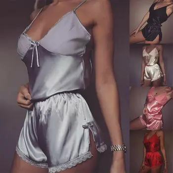 Women Sexy Lingerie set Lace Crop Top shorts pajamas set Sleepwear Satin pijama Nightwear pyjama femme Night suit 2pcs Underwear 
Women Sexy Lingerie set Lace Crop Top shorts pajamas set Sleepwear Satin pijama Nightwear pyjama femme Night suit 2pcs Underwear