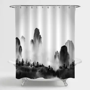 Shower Curtain Set with Hooks for Themed Bathroom Decor, Chinese Ink Painting Wild Forest Trees and Mountains Shower Curtain 
Shower Curtain Set with Hooks for Themed Bathroom Decor, Chinese Ink Painting Wild Forest Trees and Mountains Shower Curtain