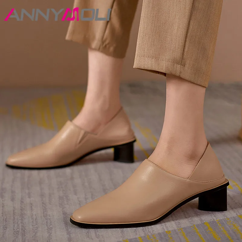 

ANNYMOLI Square Toe Woman Shoes Natural Genuine Leather High Heels Chunky Heel Pumps Office Ladies Footwear Spring Black Size 42