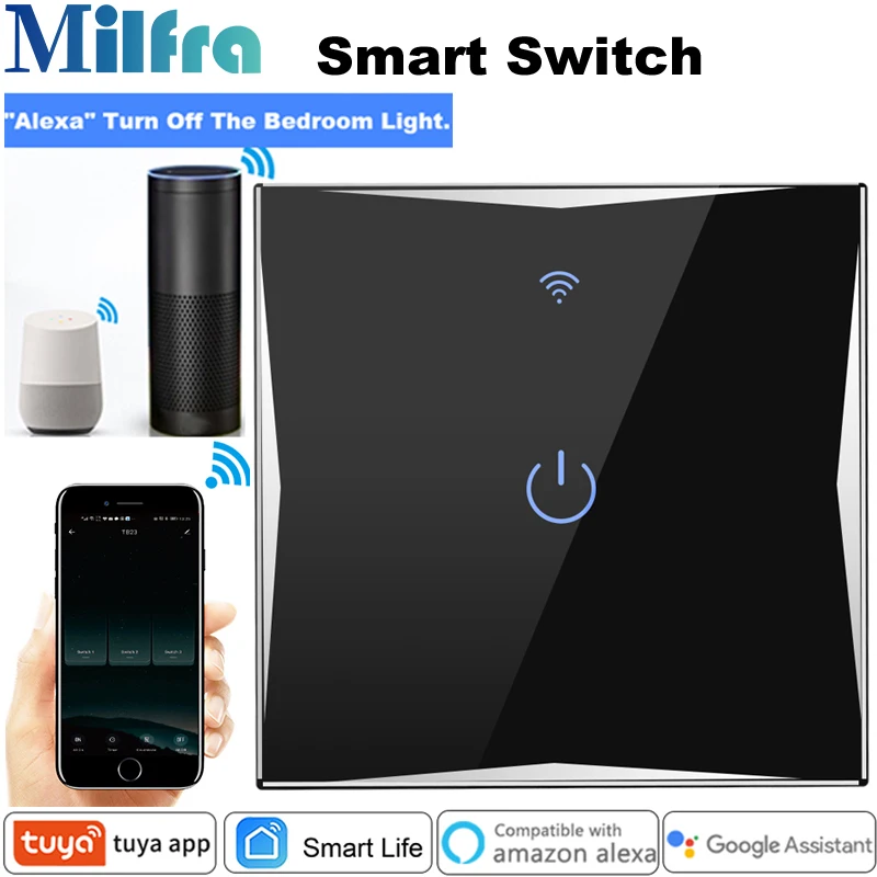Milfra Wifi Smart Switch Neutral Wire Required Glass Touch Voice Phone Control EU Wall Switch for Google Alexa Tuya Smart Life
Milfra Wifi Smart Switch Neutral Wire Required Glass Touch Voice Phone Control EU Wall Switch for Google Alexa Tuya Smart Life