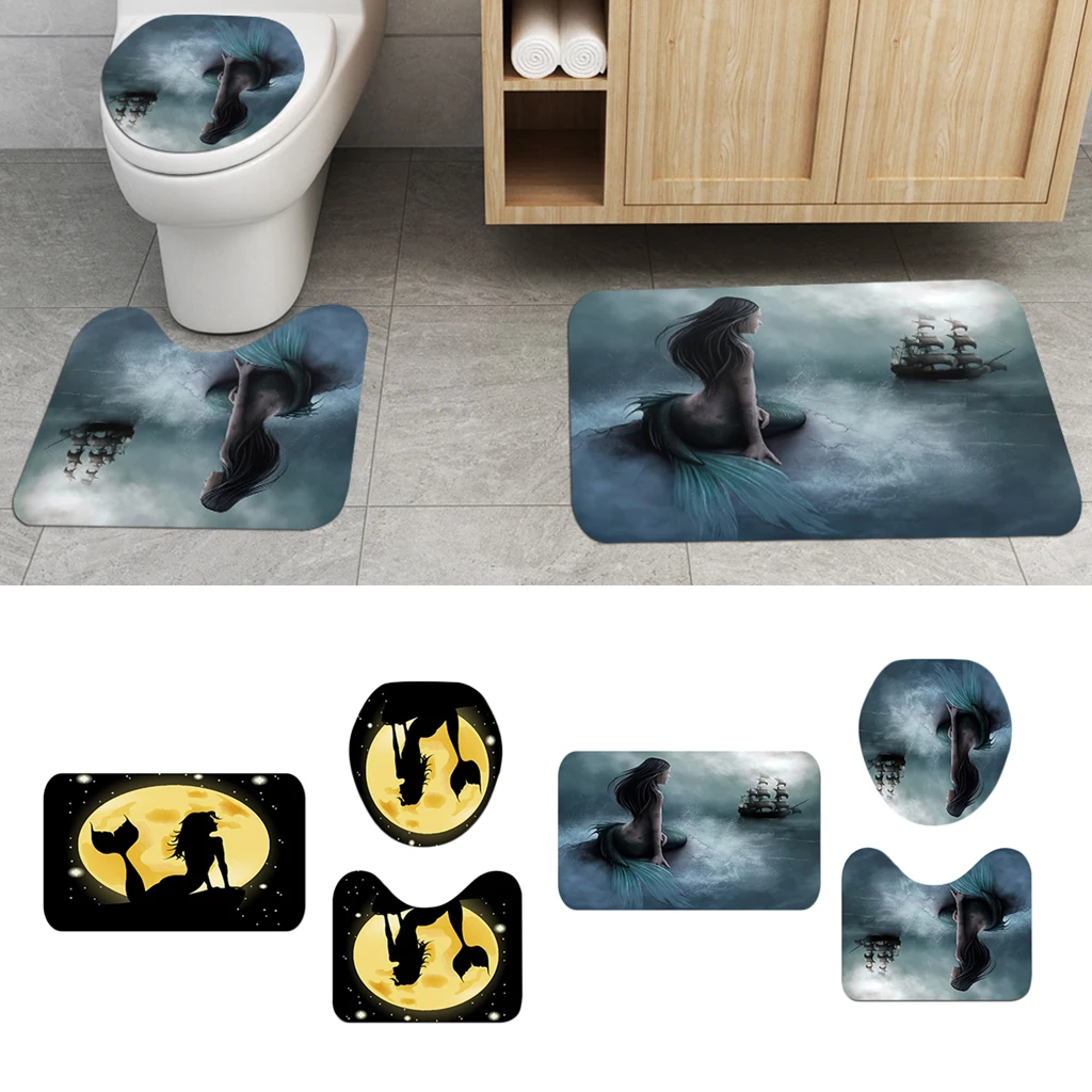 3 Pieces Non Slip Bath Rug Set Mermaid Theme Toilet Lid Cover Contour Mat 3 Pieces Non Slip Bath Rug Set Mermaid Theme Toilet Lid Cover Contour Mat