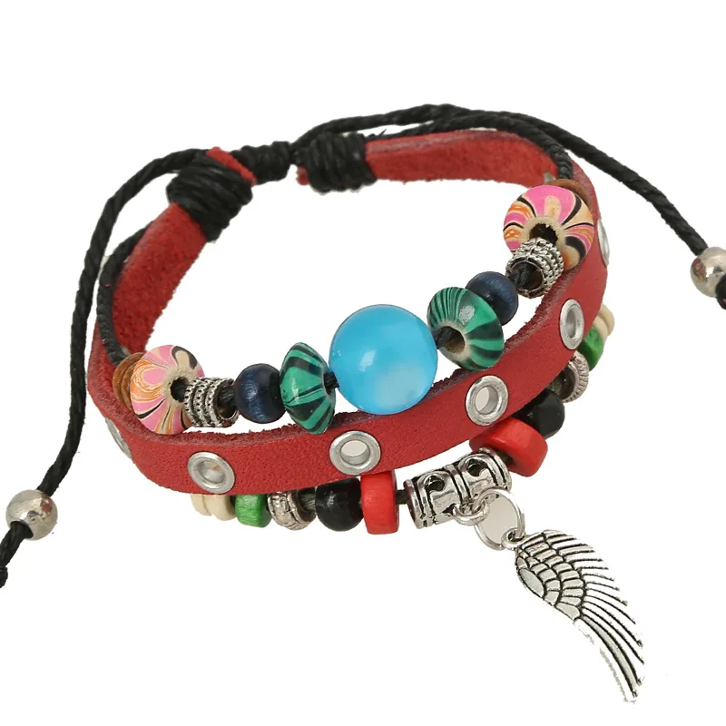 Retro Black/Red Genuine Leather Woven Bracelets Angel Wing Charm Handmade Adjustable Bangles Jewelry Accessories For Women Men | Украшения