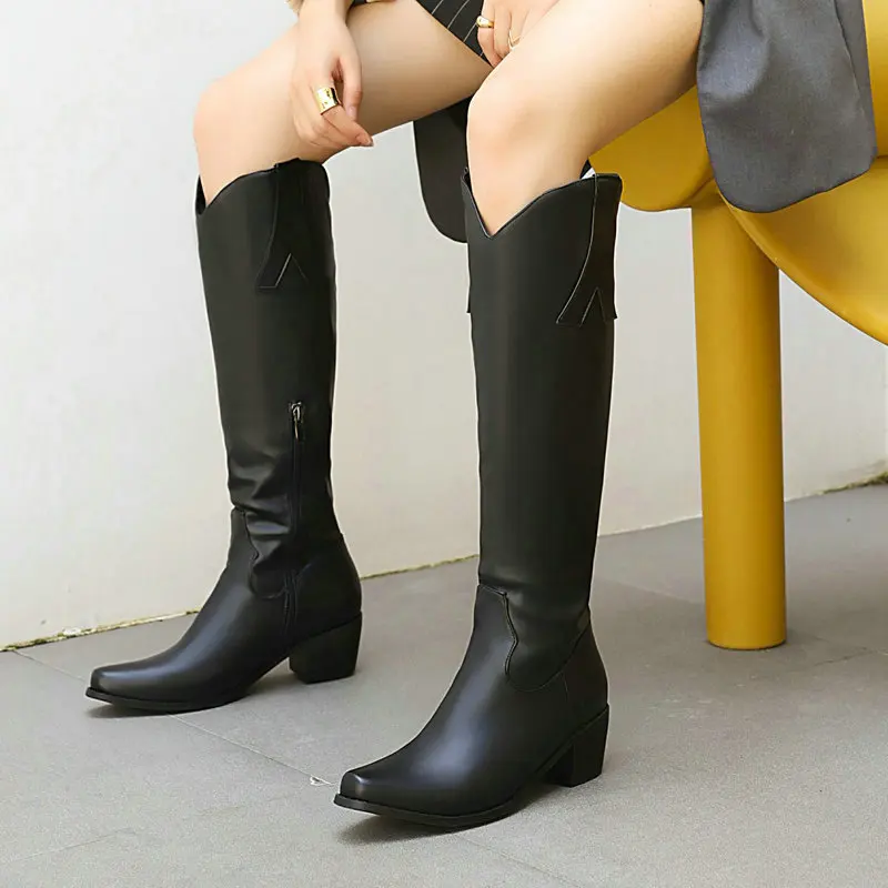 

Теплые рыцарские сапоги для осени и зимы, женские простые удобные сапоги до колена с острым носком на толстом каблуке, женская обувь большого размера на молнии