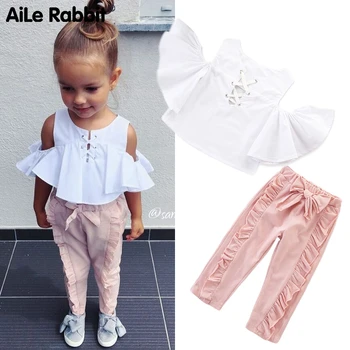Girls Set White Off Shoulder Top Pants 2 Piece Set Ruffled Pink Pants With Bow Fashion Suit For Girls' Costumes
Girls Set White Off Shoulder Top Pants 2 Piece Set Ruffled Pink Pants With Bow Fashion Suit For Girls' Costumes