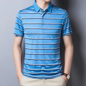 Real Silk Men Blue And White Striped Polo Homme Thin Mens Summer Shirts Short-sleeved Man Clothing Quailty Comfortable Polos
Real Silk Men Blue And White Striped Polo Homme Thin Mens Summer Shirts Short-sleeved Man Clothing Quailty Comfortable Polos