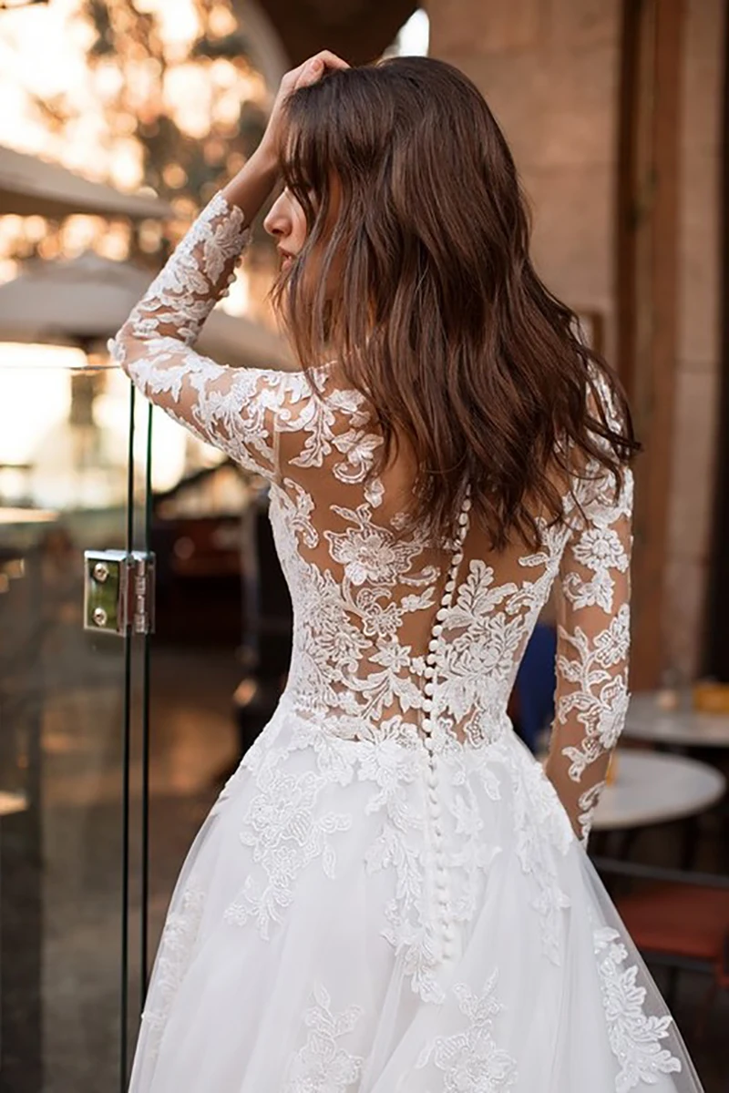 121 Long Sleeves Vestidos de novia Illusion Lace Appliqued A Line Bridal Gown Buttons Back Wedding Gowns (2)