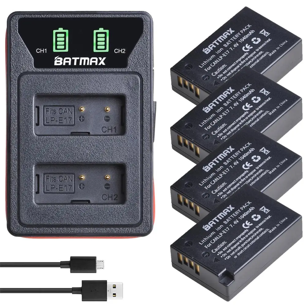 

4X LP-E17 LPE17 LP E17 Battery + LED Built-in USB Dual Charger for Canon EOS RP, Rebel SL2, SL3, T6i, T6s, T7i, M3, M5, M6,250D