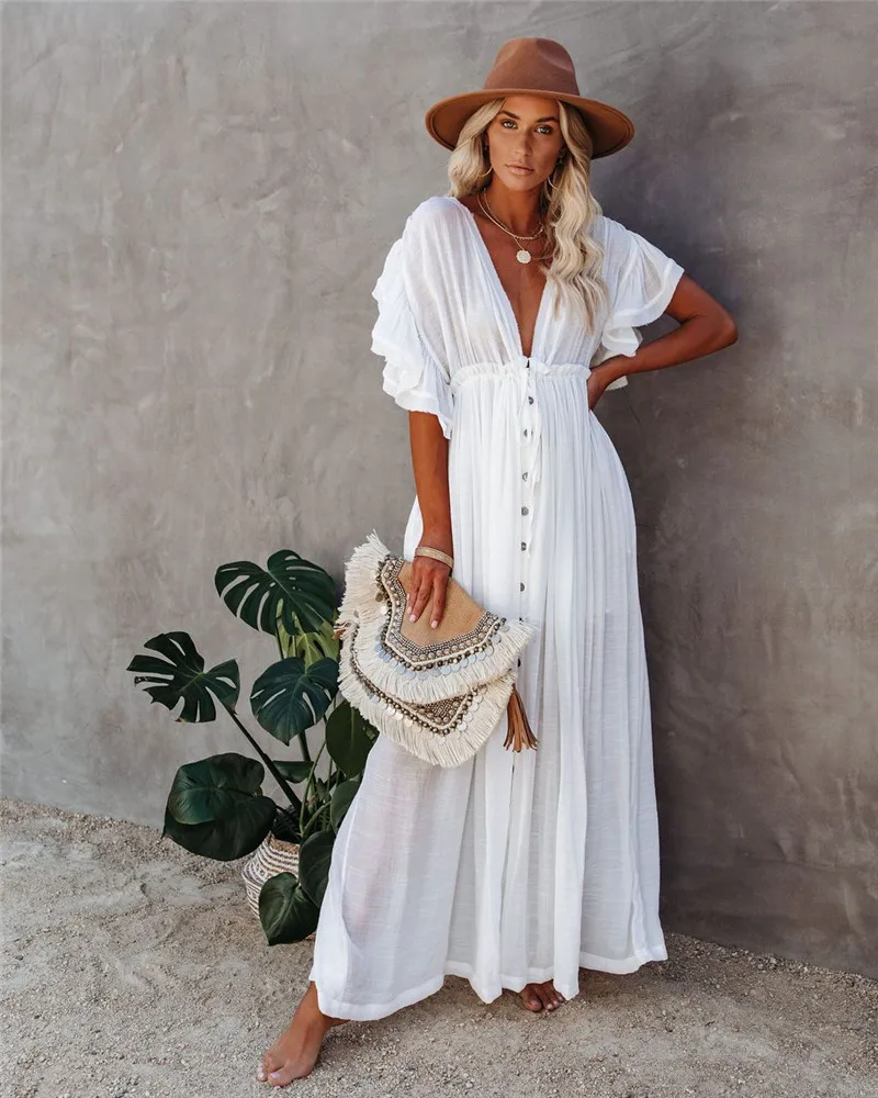 Beach Cover Up Dress Crochet White Knitted JKP4310