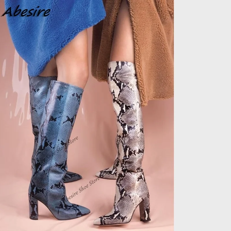 Abesire Long Boots Snakeskin Print Thick High Heel Soft Leather Pointed Toe Knee High Slip On New Autumn Winter Big Size Shoes 
Abesire Long Boots Snakeskin Print Thick High Heel Soft Leather Pointed Toe Knee High Slip On New Autumn Winter Big Size Shoes