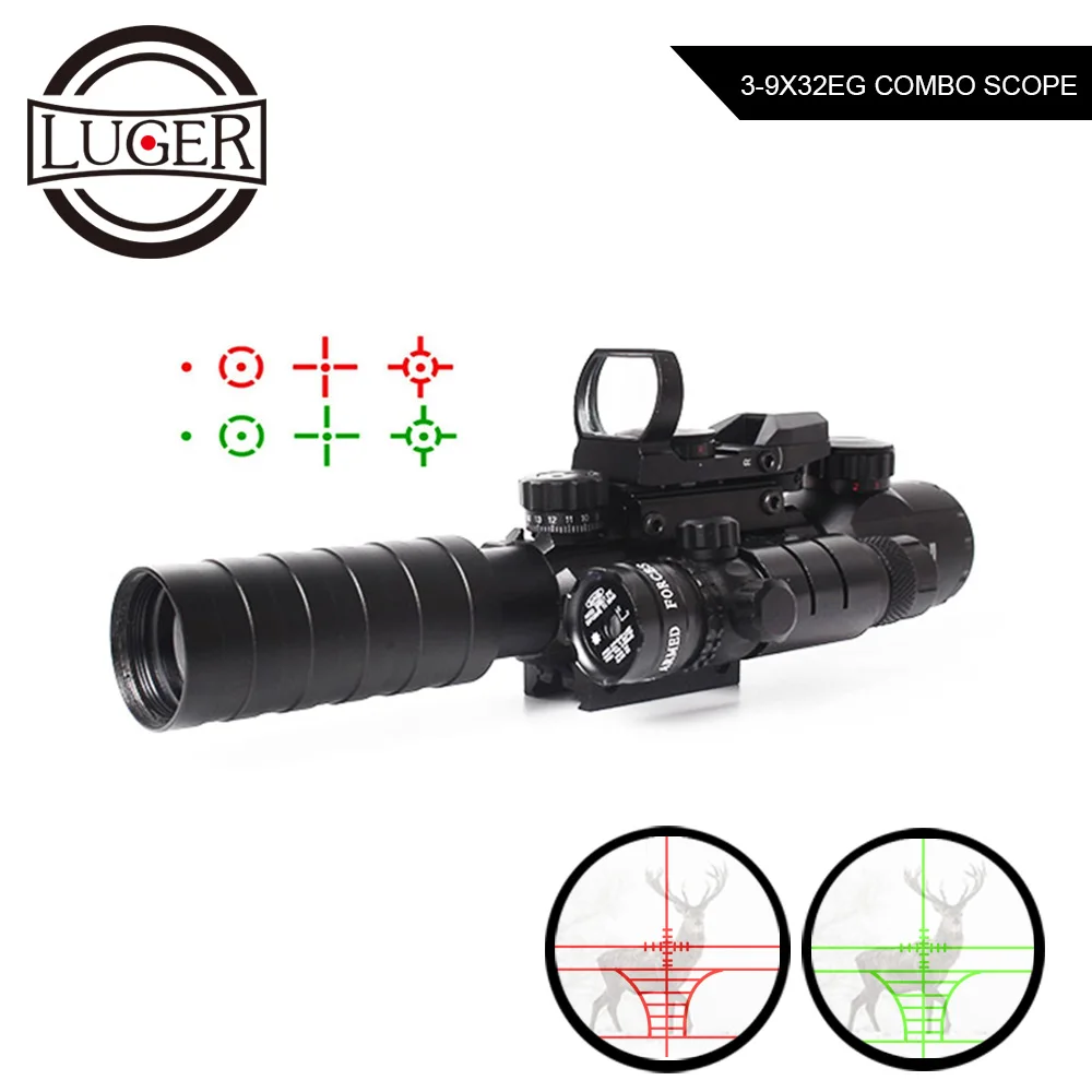 LUGER 3-9X32EGC Tactical Optic Red Green Illuminated Riflescope Holographic Reflex 4 Reticle Red Green Dot Combo Hunting Scope
LUGER 3-9X32EGC Tactical Optic Red Green Illuminated Riflescope Holographic Reflex 4 Reticle Red Green Dot Combo Hunting Scope