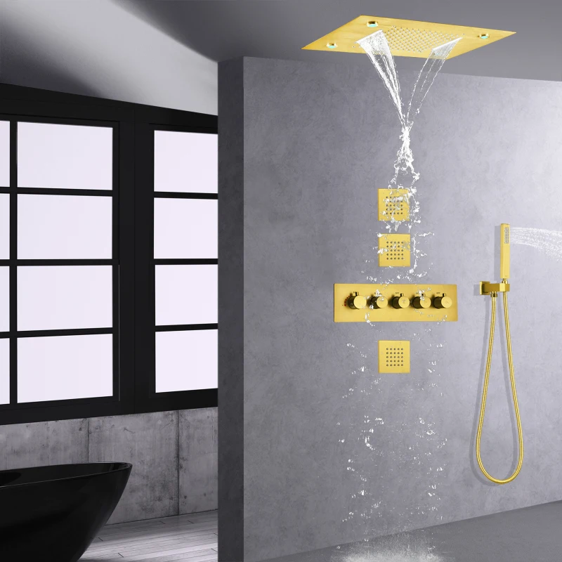 

Brushed Gold LED 3 Color Temperature Changing Shower Faucet Thermostatic Rainfall Waterfall