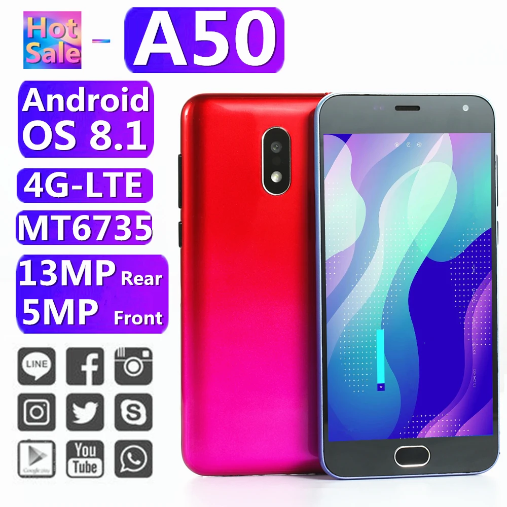 

Original A50 smartphones Android 8.1 MT6735 4G-lte 13mp 2GB RAM 16GB ROM Unlocked mobile phones cellphones 10touch