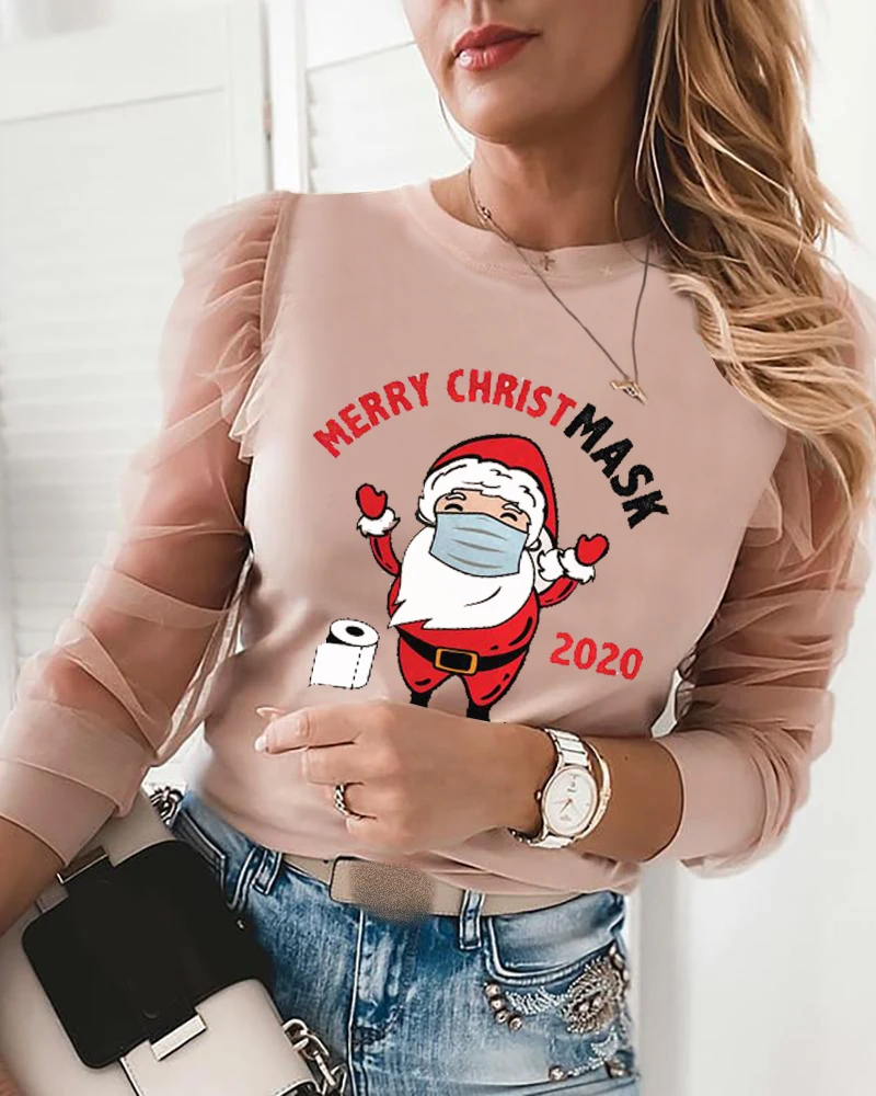Women Fashion Sheer Mesh Long Sleeve Splicing Santa Claus Print Blouse Feamle merry christmas Letter Tops
Women Fashion Sheer Mesh Long Sleeve Splicing Santa Claus Print Blouse Feamle merry christmas Letter Tops