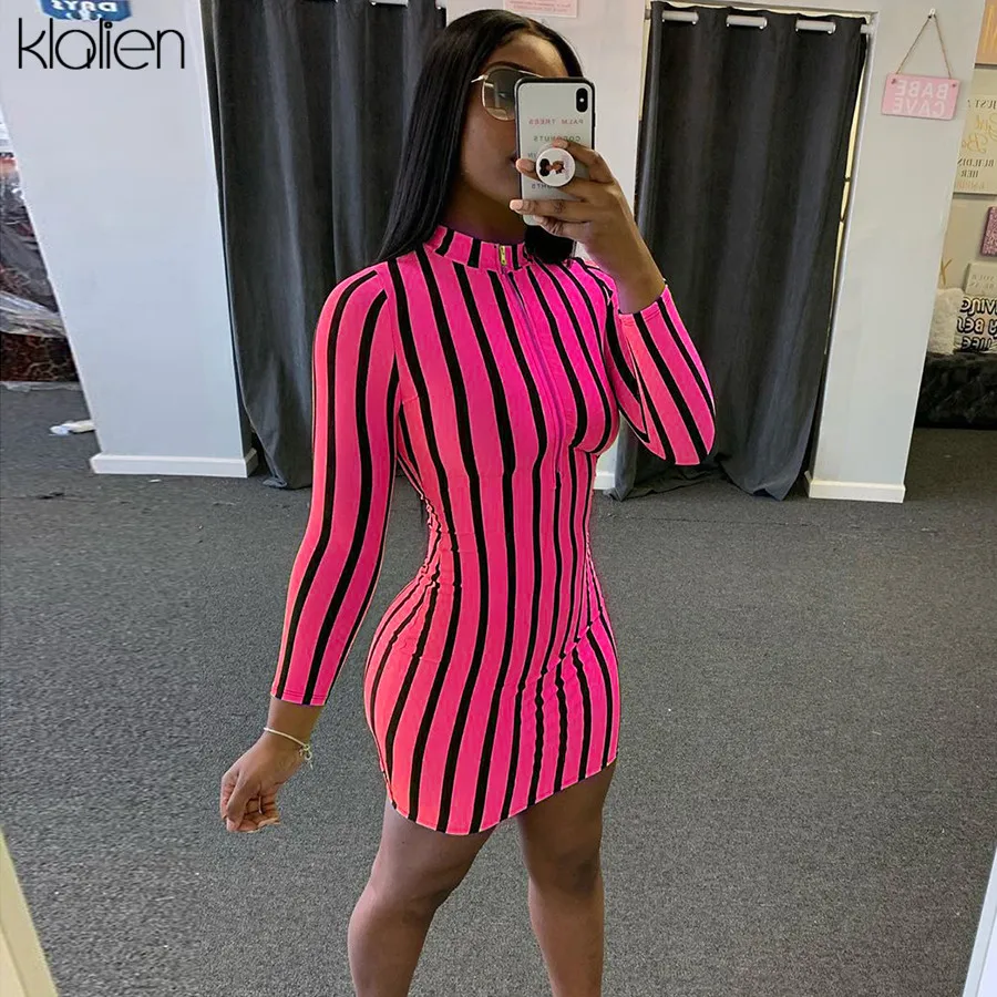KLALIEN spring fall long sleeve turtleneck zipper fashion casual dress women high street striped mini bodycon dress 2020 new