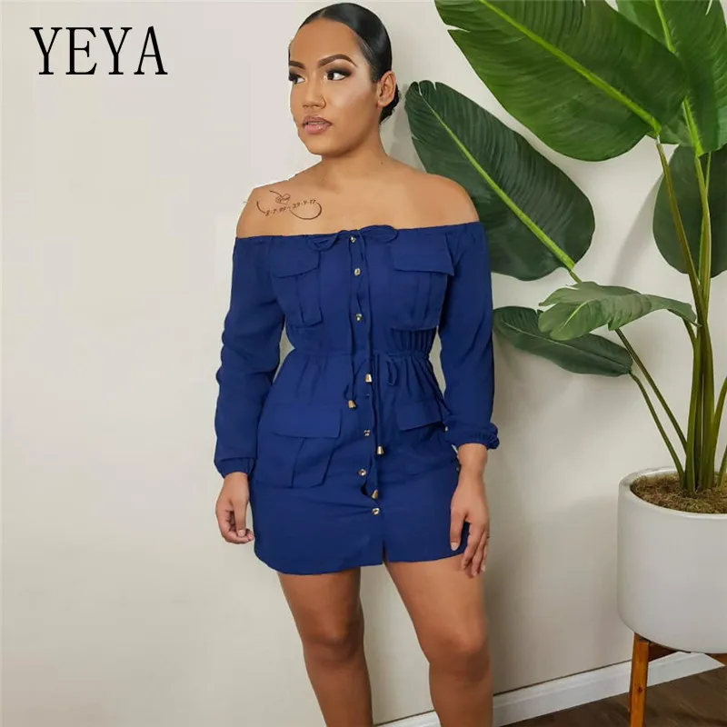 YEYA Off Shoulder Long Sleeve Button Mini Dress Strapless Lace Up High Waist Pocket Bodycon Bandage Sexy Party Dress Robe Femme
YEYA Off Shoulder Long Sleeve Button Mini Dress Strapless Lace Up High Waist Pocket Bodycon Bandage Sexy Party Dress Robe Femme