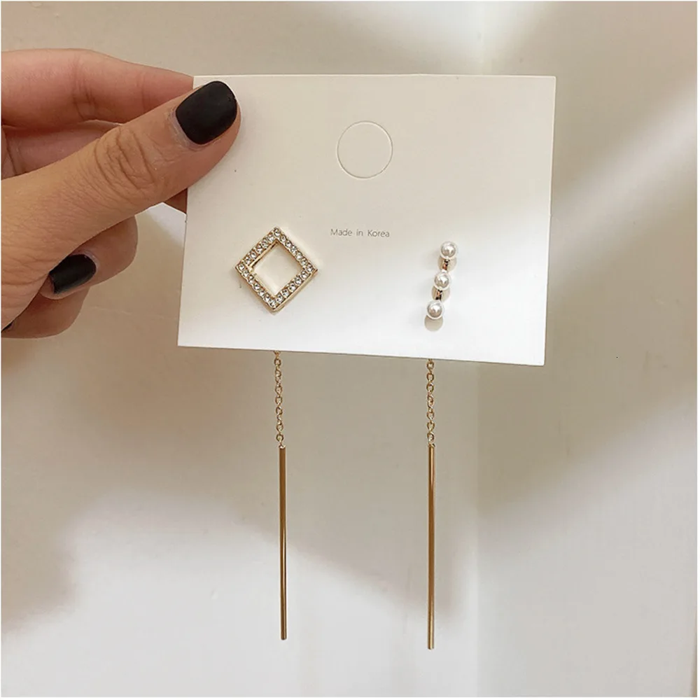 

Asymmetric Geometric Zircon Pearl Long Crystal Vintage For Women Dangle Earrings Girl With Long Earrings Drops Earrings Jewelery
