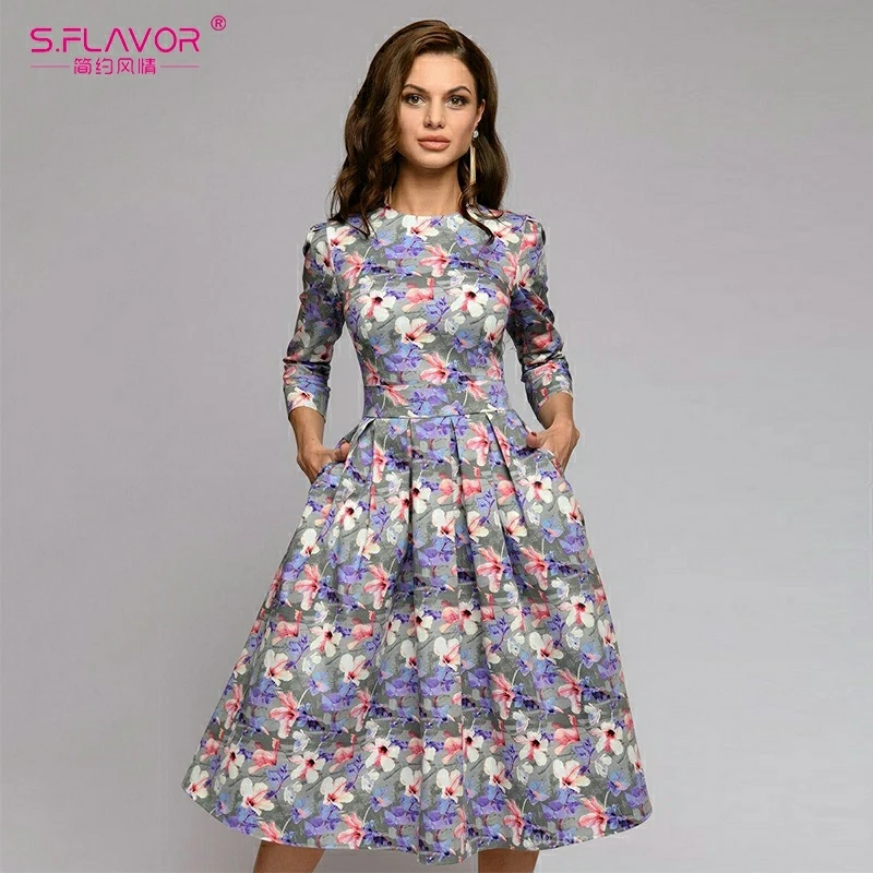 Женское платье с принтом на каждый день S.FLAVOR длинное свободное длинным рукавом и