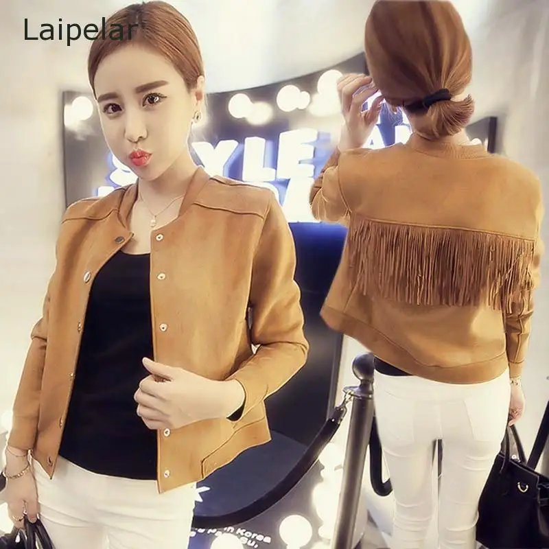 

Chic Suede Fringed Jacket Slim-Fit Stand-Up Collar Coat Ladies Long-Sleeved Short Single-Breasted Cardigan Thin Jacket