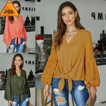 Rhapsody Women Shirt Cotton Tie Top Blouse Embroidered Eyelet Elastic Balloon Sleeve Hem Front Bow Tie Casual Tunic Lady Outwear 
Rhapsody Women Shirt Cotton Tie Top Blouse Embroidered Eyelet Elastic Balloon Sleeve Hem Front Bow Tie Casual Tunic Lady Outwear