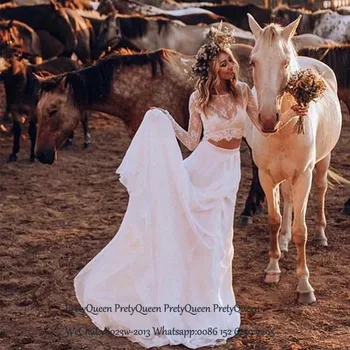 Two Piece Wedding Dress With Long Sleeves Flowing Sheer Lace Top and Chiffon Skirt Bohemia Beach Dresses Bridal For Women
Two Piece Wedding Dress With Long Sleeves Flowing Sheer Lace Top and Chiffon Skirt Bohemia Beach Dresses Bridal For Women