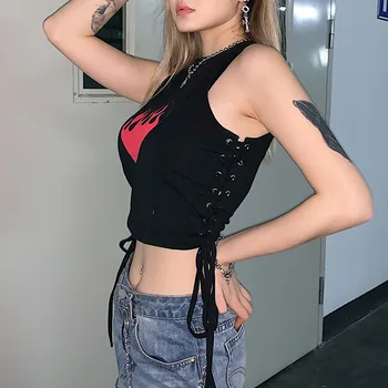 Punk Black Womens Tank Tops Sleeveless Metal Eye Tie Up Crop Top Fire Printed Streetwear Summer Croptop Tops
Punk Black Womens Tank Tops Sleeveless Metal Eye Tie Up Crop Top Fire Printed Streetwear Summer Croptop Tops