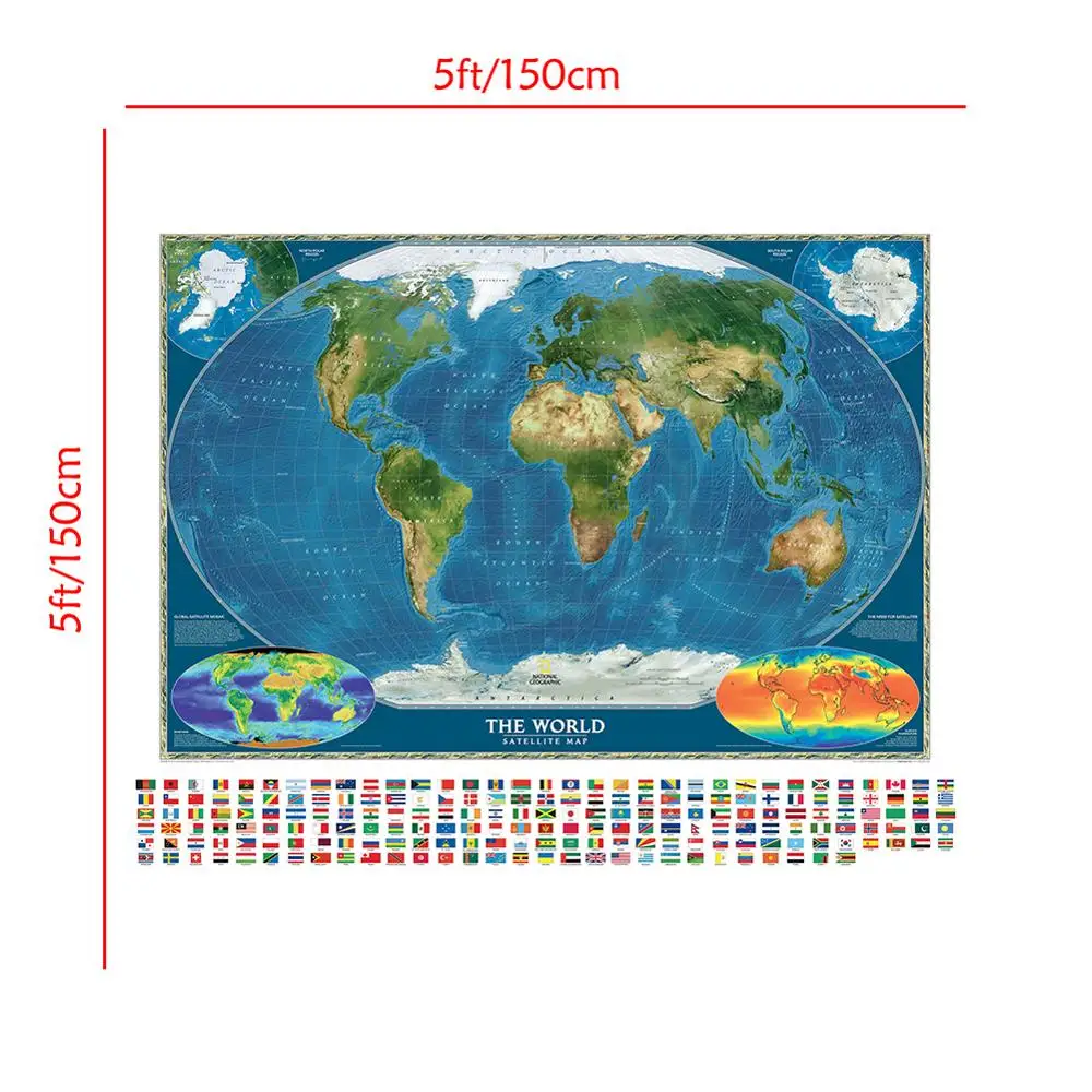 150X150cm Non-woven Spray World Map The World Satellite Map with National Flag and Surface Temperature Map
150X150cm Non-woven Spray World Map The World Satellite Map with National Flag and Surface Temperature Map
