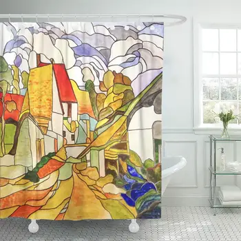 Set Shower Curtain Waterproof Adjustable Polyester Fabric Yellow Color Village Street Based on The Painting of Vincent Van Gogh 
Set Shower Curtain Waterproof Adjustable Polyester Fabric Yellow Color Village Street Based on The Painting of Vincent Van Gogh