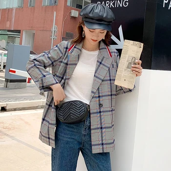 Vintage Plaid Women Blazer Pockets Jackets Female Retro Suits Coat Feminino Blazers Outerwear Korean Style Grey Plaid Suit Coat
Vintage Plaid Women Blazer Pockets Jackets Female Retro Suits Coat Feminino Blazers Outerwear Korean Style Grey Plaid Suit Coat