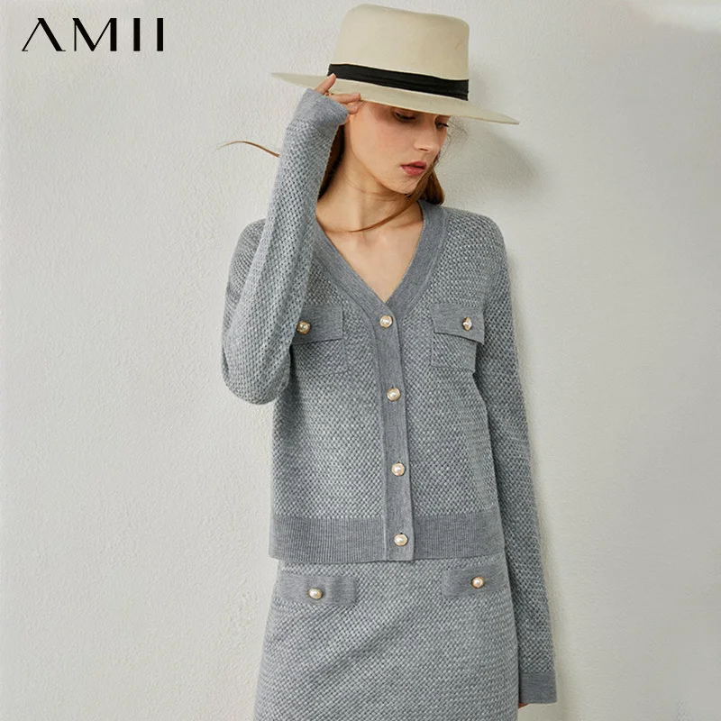 

AMII Minimalism Autumn Woman Tops Fashion Pullover Vneck Single-breasted Tweed Jacket High Waist Aline Women Skirt 12040763