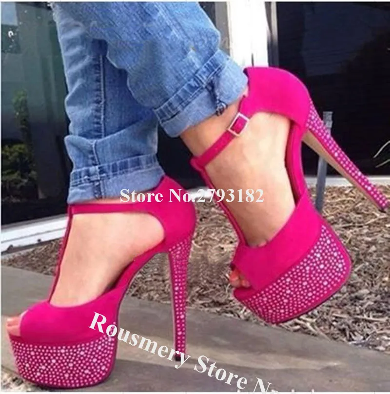 

Bling Bling Ladies Charming Peep Toe High Platform Rhinestone Stiletto Heel Pumps Rose Red Suede Crystal High Heels Dress Shoes