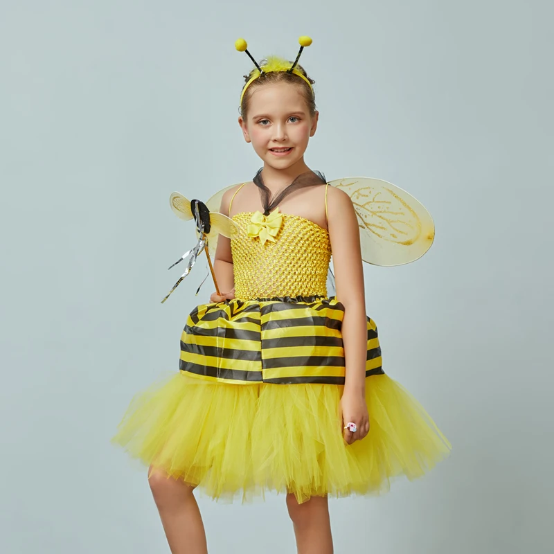 Little Bumble Bee Tutu Dress Girls Honeybee Fancy Dress Up Outfit Yellow Black Striped Insect Birthday Halloween Costume (4)