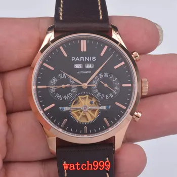 Parnis 43 mm Black dial Rose gold case man's watches brown Leather strap week calendar fashion man's Automatic Mechanical Watch
Parnis 43 mm Black dial Rose gold case man's watches brown Leather strap week calendar fashion man's Automatic Mechanical Watch