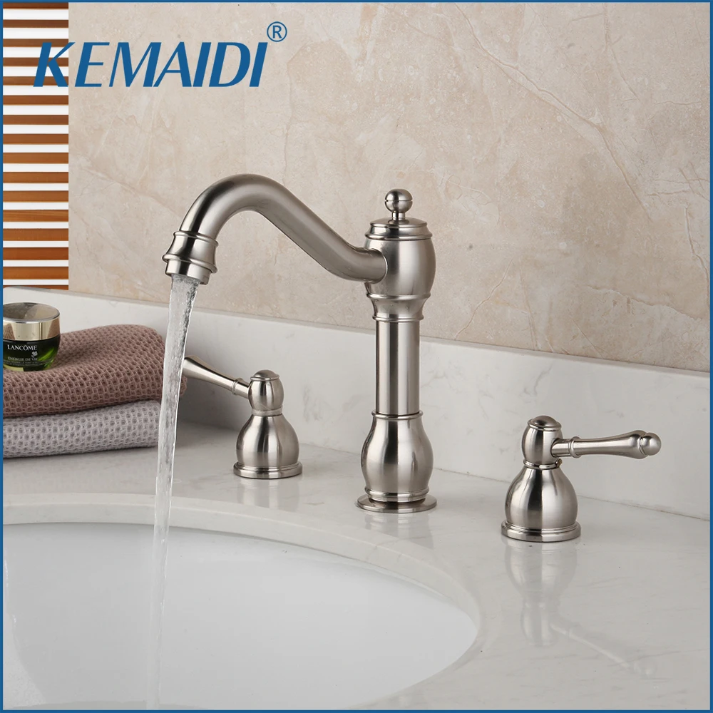 

KEMAIDI Nickel Brush Bathroom Sink Faucets Tap Solid Brass Dual Handles Bathtub Mixer Hot Cold Water Mixers 360 Swivel Spout