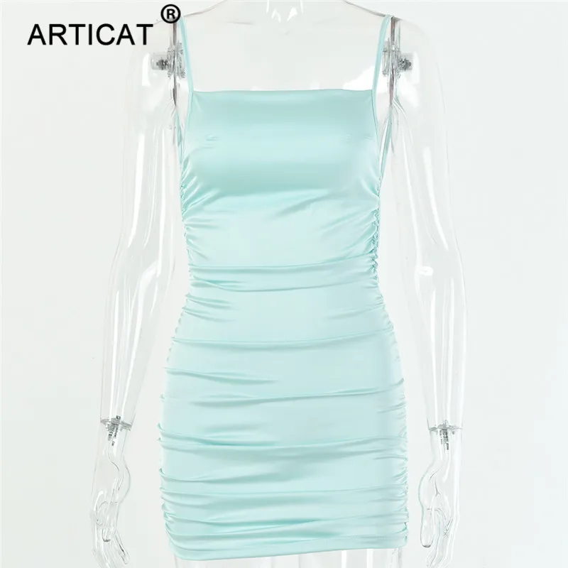 Articat Спагетти ремень Мини атласное платье для женщин пикантные туфли с низким