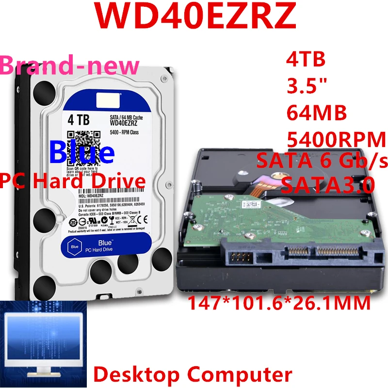 

New Original HDD For WD Brand Blue 4TB 3.5" SATA 6 Gb/s 64MB 5400RPM For Internal Hard Disk For Desktop Hard Drive For WD40EZRZ