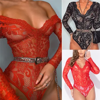 Sexy Fashion Women Floral Lace Bodysuit Jumpsuit 2020 Long Sleeve Deep V Neck Stretch Leotard Hollow Out Jumpsuit Black Red Tops 
Sexy Fashion Women Floral Lace Bodysuit Jumpsuit 2020 Long Sleeve Deep V Neck Stretch Leotard Hollow Out Jumpsuit Black Red Tops