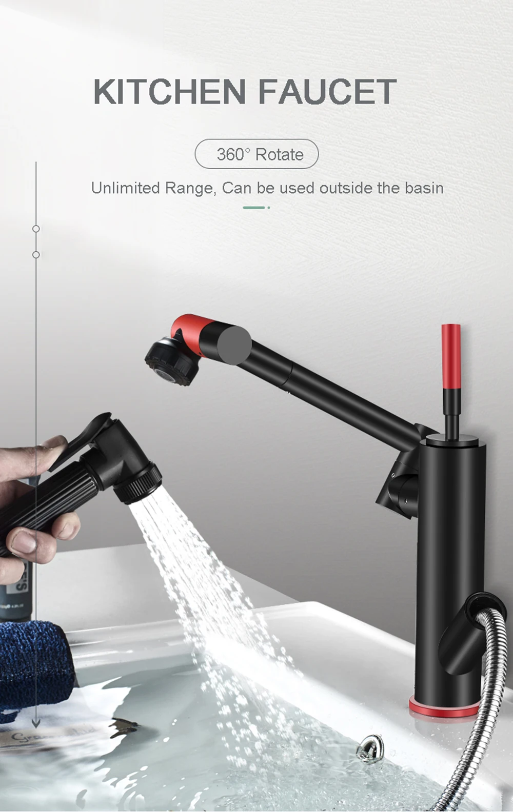 POIQIHY Black 360 Degree Rotate Kitchen Faucet Pull Out Sprayer Gun Dual Mode Spout Bathroom Kitchen Mixer Tap Foldable Faucet