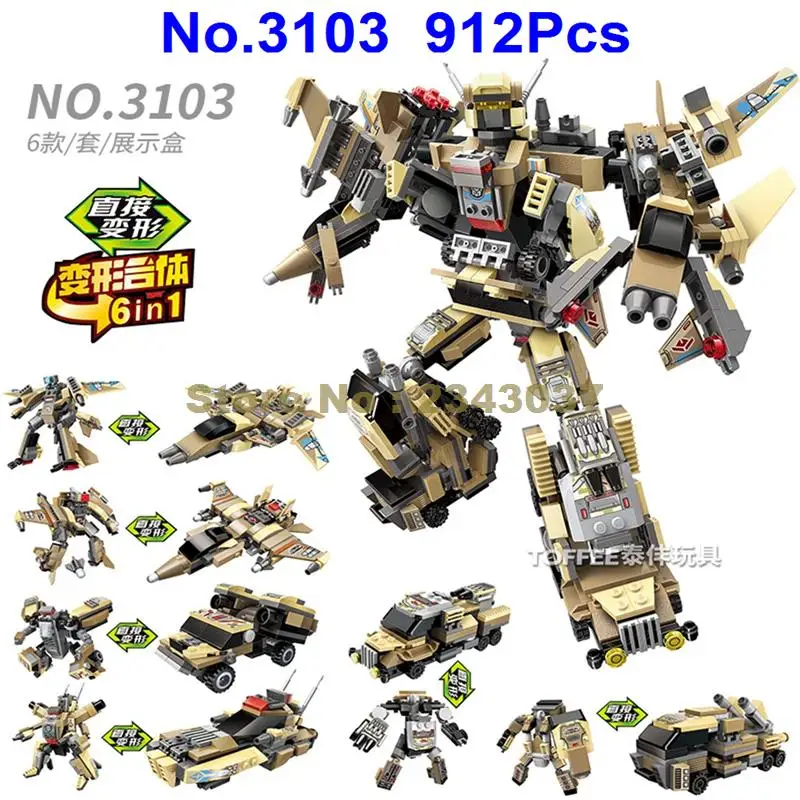 3103 912pcs 6in1 deformation robot fighter mech armoured vehicle tank attack boat building blocks Toy
3103 912pcs 6in1 deformation robot fighter mech armoured vehicle tank attack boat building blocks Toy