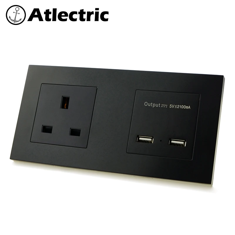 

Atlectric UK Standard Plug Electrical Outlet Plastic Panel Double Socket Dual USB Charging Port Power Wall Socket