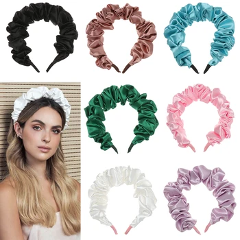 1PC New Fashion Solid Color Silk Padded Pleated Hairband Face Wash Scrunchy Headband Retro Hair Loop Women Hair Accessories