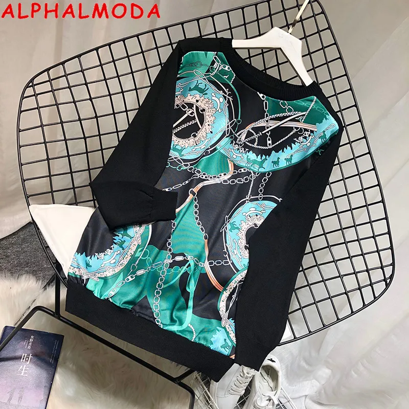 Женский атласный свитер ALPHALMODA вязаный с длинным рукавом винтажным принтом в
