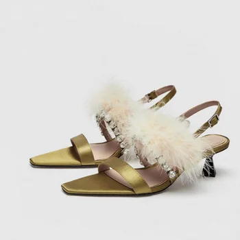 Womens Silk Satin Rhinestones Crystal Feather Fur Decor Peep Toe Stilettos Mid Heel Pumps Slingbacks Shoes Sexy New 2020 
Womens Silk Satin Rhinestones Crystal Feather Fur Decor Peep Toe Stilettos Mid Heel Pumps Slingbacks Shoes Sexy New 2020