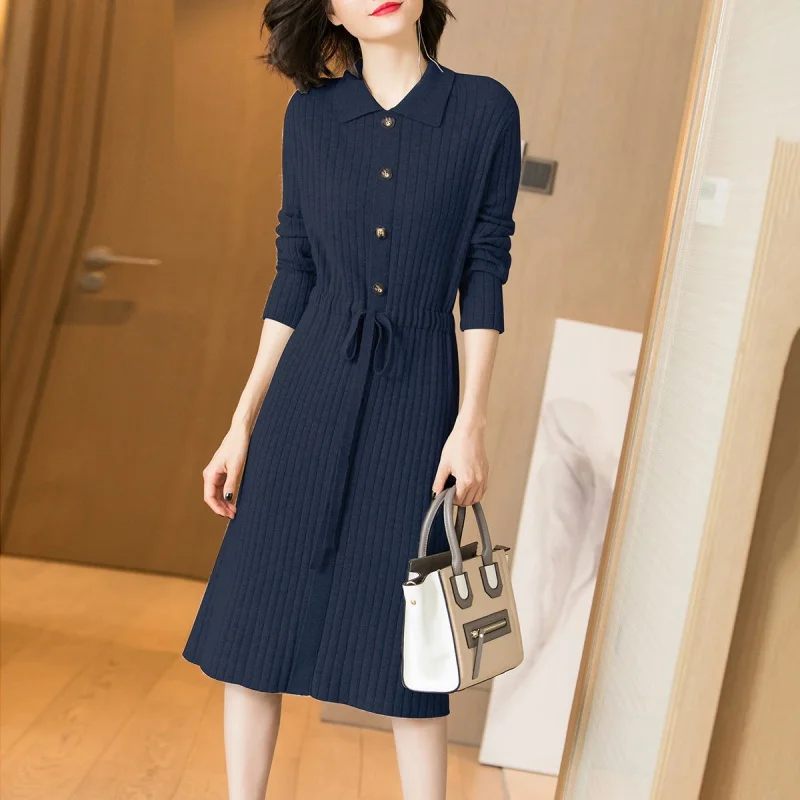 Pleated Sweater Dress Winter Women Vintage Drawstring Slim Waist Buttons Lapel Turn Down Collar Elegant Lady Long Knitted Dress
Pleated Sweater Dress Winter Women Vintage Drawstring Slim Waist Buttons Lapel Turn Down Collar Elegant Lady Long Knitted Dress
