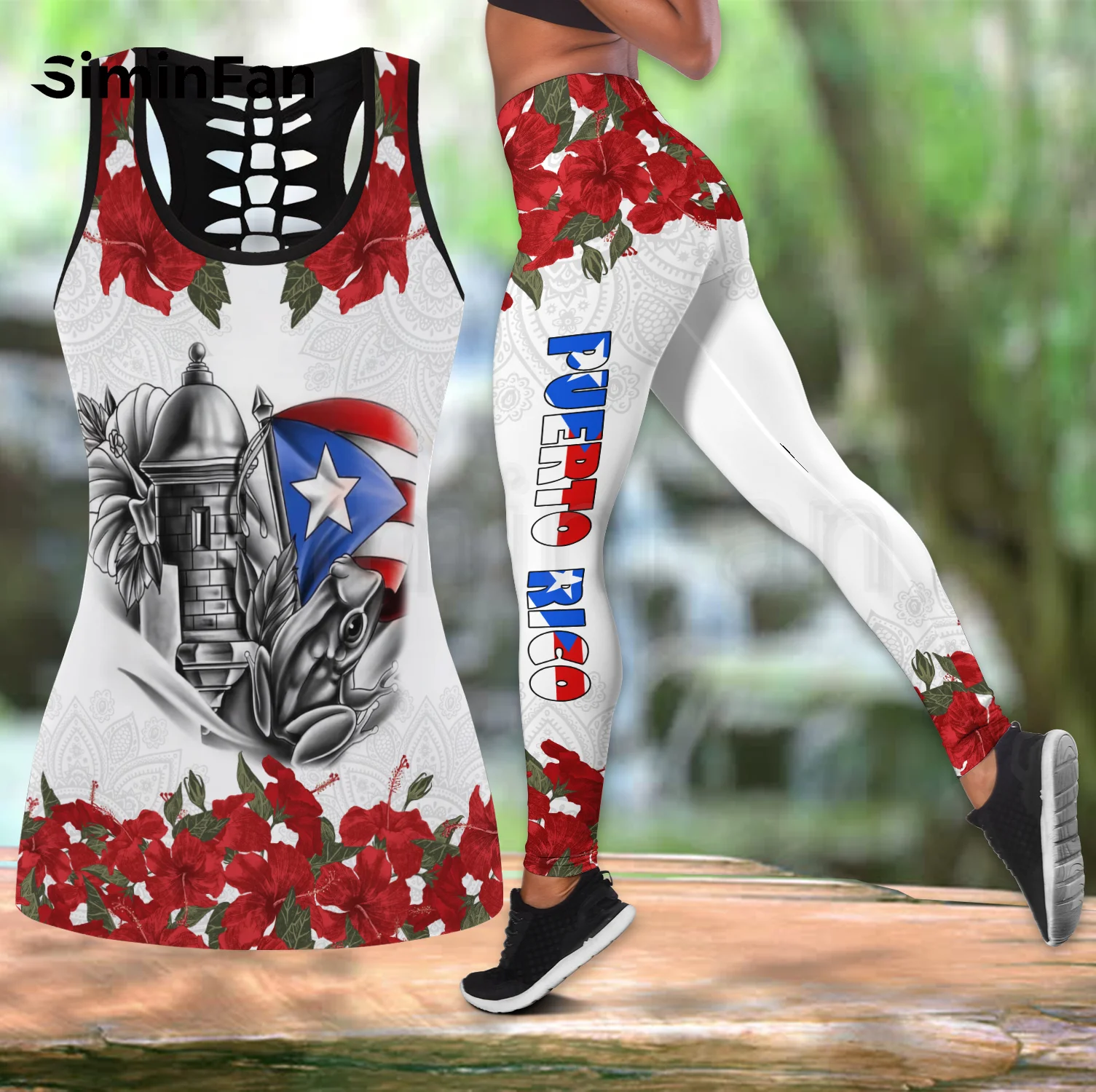 

Puerto Rico Frog Combo Outfit Two Piece Yoga Sets Women 3D Printed Hollow Out Tank Top Leggings Summer Vest Casual Pant Suits 06
