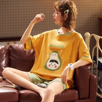Summer Korean Style Pajamas Women's Cotton Short-Sleeve Pullover Tops with Shorts Cartoon Design Home Wear Women's Suit
Summer Korean Style Pajamas Women's Cotton Short-Sleeve Pullover Tops with Shorts Cartoon Design Home Wear Women's Suit