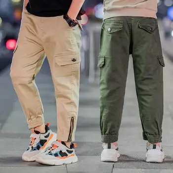 

Teenage Boys Cargo Pants with Zipper Pockets Kids Boy Zipper Decorated Jogger Pants Children Khaki Army Green Color Trousers