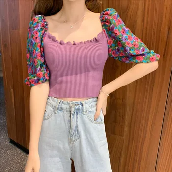 

Patched Printing Short Puff Sleeve Cropped Tee Shirts Lady Fashion Stretchy Knitted Square Collar Crop Tops T-shirts For Girls